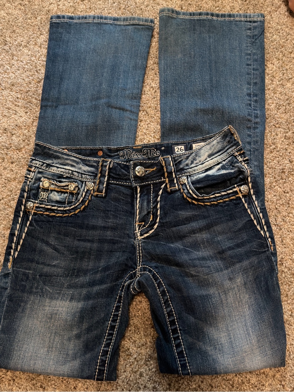 Miss Me Dark Blue Bootcut Jeans with Contrast Stitching